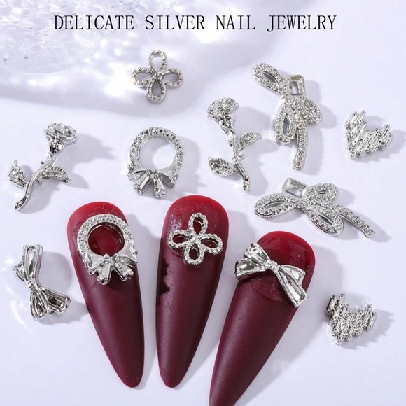 60 Piece 6 Grid Box Nail Jewelry Silver Tulip Bow Rose Heart Nail Rhinestone Kit - Picture 5 of 7